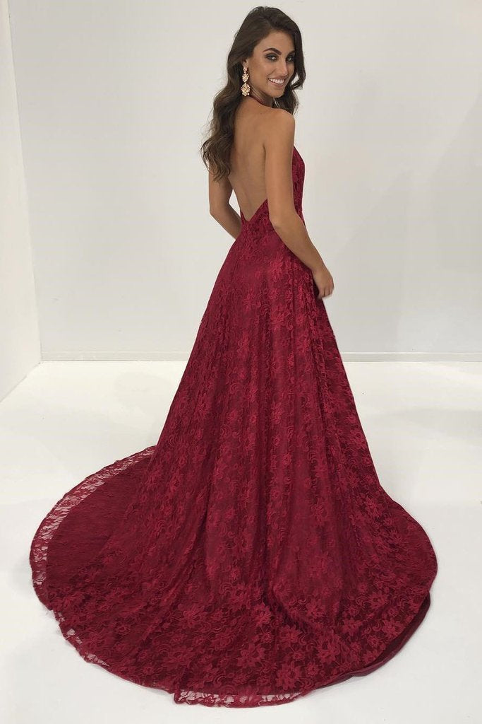 Sexy Lace Deep V Neck Side Slit A Line Long Backless Halter Burgundy Prom Dresses WK899