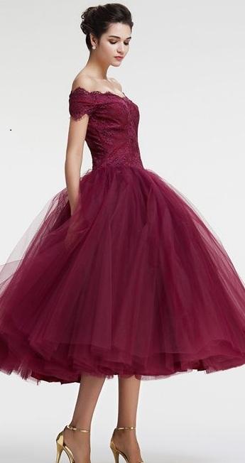 Vintage Princess Off the Shoulder Tea Length Ball Gown Scoop Burgundy Homecoming Dress WK860