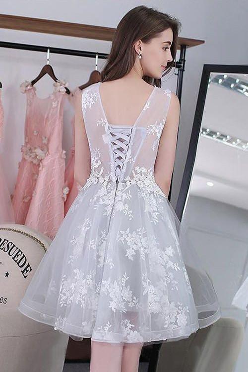 Knee-length Sleeveless Short Cute A-line Lace Appliques Tulle Homecoming Graduation Dress WK252