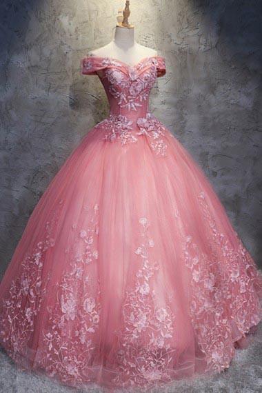 Ball Gown Off-the-Shoulder Watermelon Tulle Sweetheart Cheap Wedding Dresses with Appliques WK271