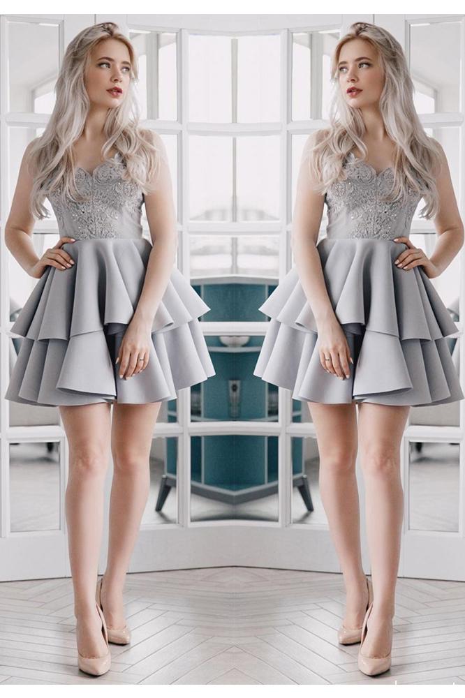 A Line V Neck Backless Satin Beaded Grey Spaghetti Straps Lace Homecoming Dresses WK921