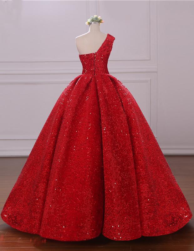 Ball Gown One Shoulder Sequins Red Sweetheart Prom Dresses Quinceanera Dresses WK39