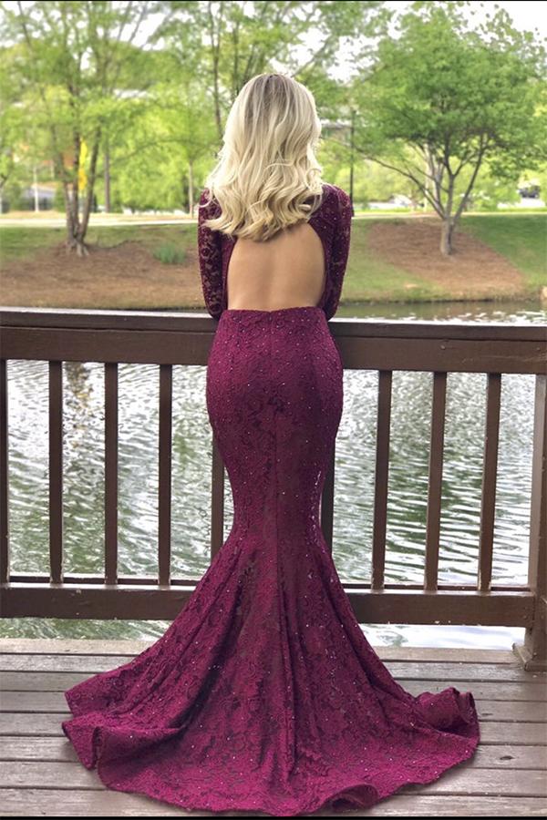 Charming High Neck Burgundy Long Sleeve Lace Mermaid Open Back Prom Dresses WK482