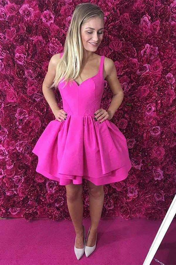 Ball Gown Scoop Eyelet Lace up Fuchsia Short Prom Dress Satin Cute Mini Homecoming Dress WK700