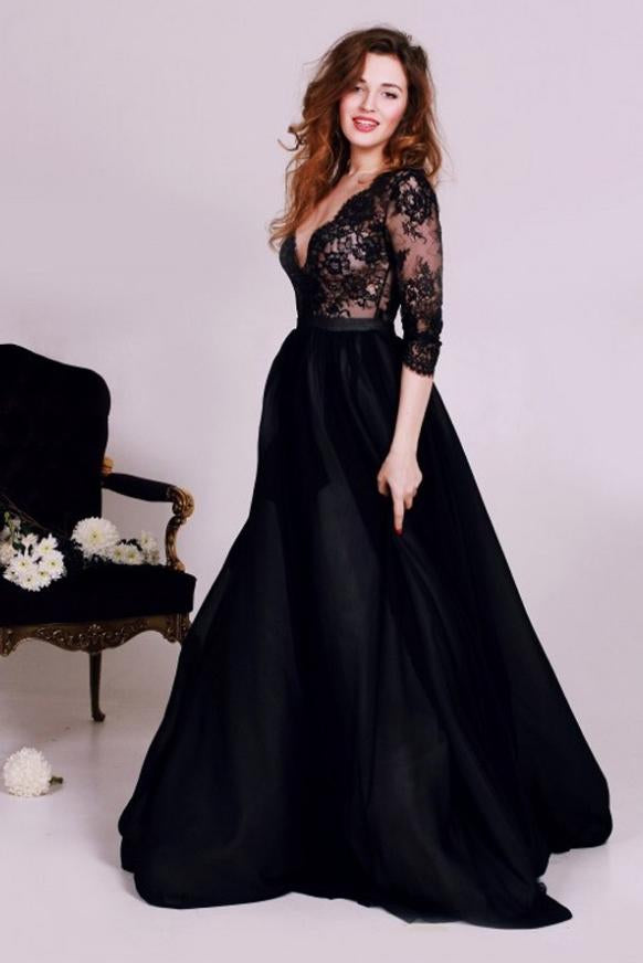 New Style Black 3/4 Sleeves Lace Satin V-Neck A-Line Floor-Length Evening Dresses WK282