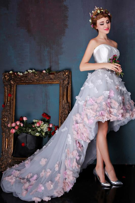 Charming Sweetheart Flowers Strapless Tulle Asymmetry Prom Dresses Wedding Dresses WK259