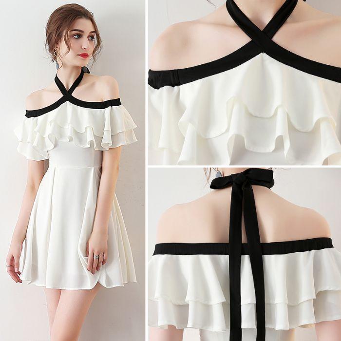 Chic Halter A Line Simple White Off the Shoulder Chiffon Cheap Short Homecoming Dress WK751