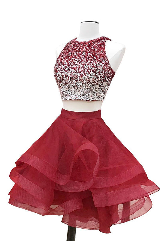 A-line Halter Sleeveless Sweetheart Organza Burgundy Short Prom Dresses Homecoming Dress WK664