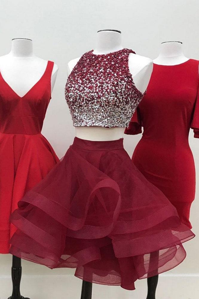 A-line Halter Sleeveless Sweetheart Organza Burgundy Short Prom Dresses Homecoming Dress WK664