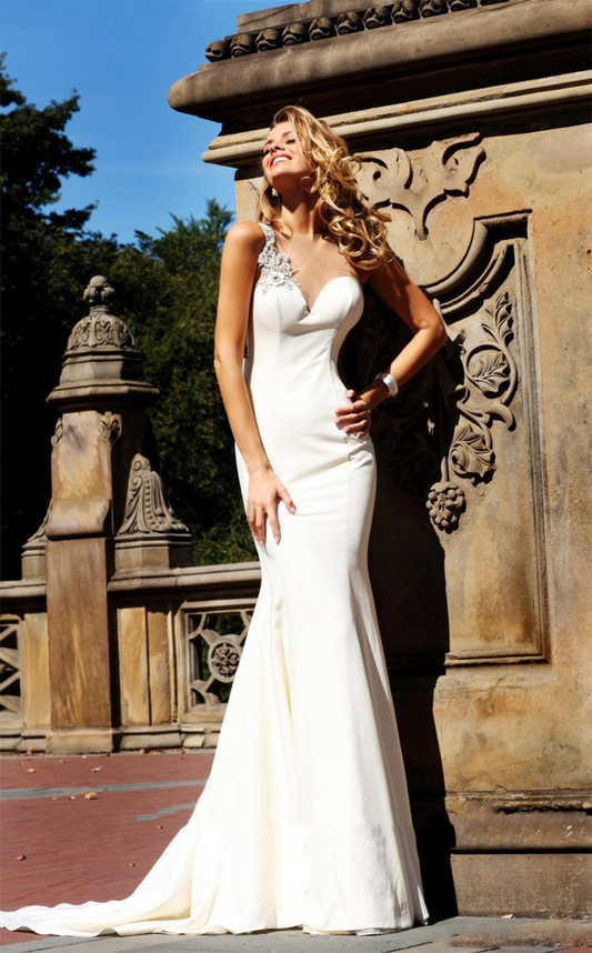 Graceful Mermaid One Shoulder Sweetheart Sleeveless Sexy Long White Satin Prom Dresses WK08