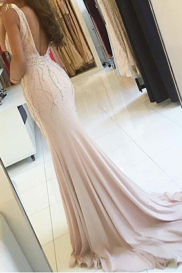 Sheath V Neck Pearl Pink Backless Beads Slit Satin Mermaid Sleeveless Prom Dresses WK22