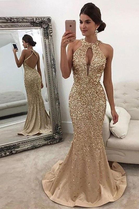 Mermaid Sleeveless Halter Sequins Golden Open Back Sweep Train Satin Prom Dresses WK556