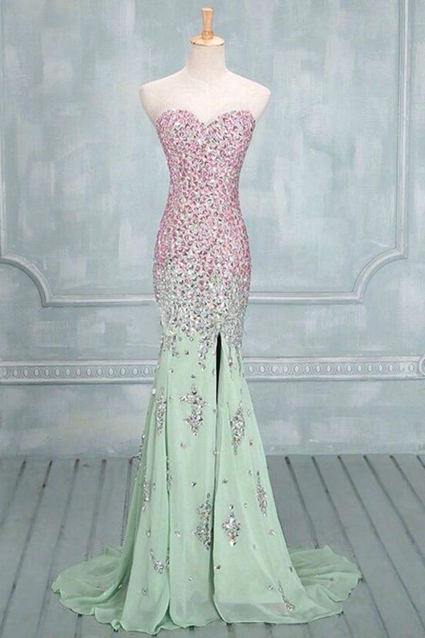 Sexy Mermaid Rhinestones Sweetheart Front Split Mint Chiffon Prom Dresses WK620