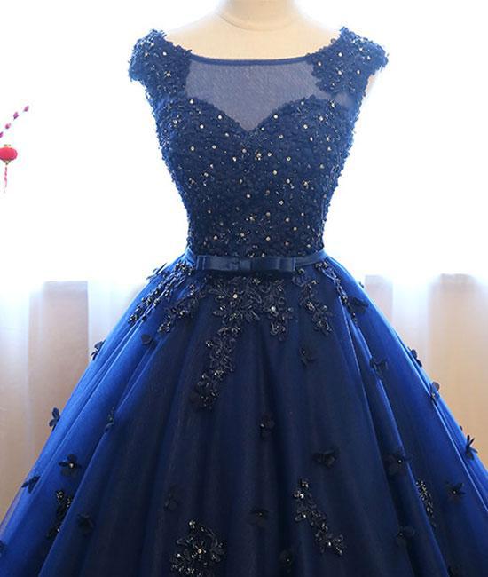 Dark Blue Tulle Lace Beads Ball Gown Open Back Sweet 16 Dress Quinceanera Dresses WK808