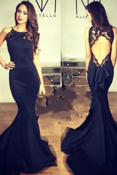 Sexy Open Back Black Halter Sleeveless Mermaid Long Fish Tail Custom Cheap Evening Dresses WK174