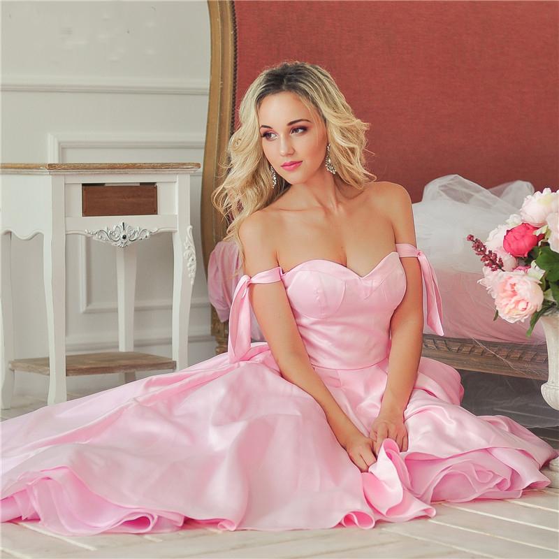 A-Line Pink Off the Shoulder Sweetheart Satin Lace up Hi-Lo Prom Homecoming Dresses WK515