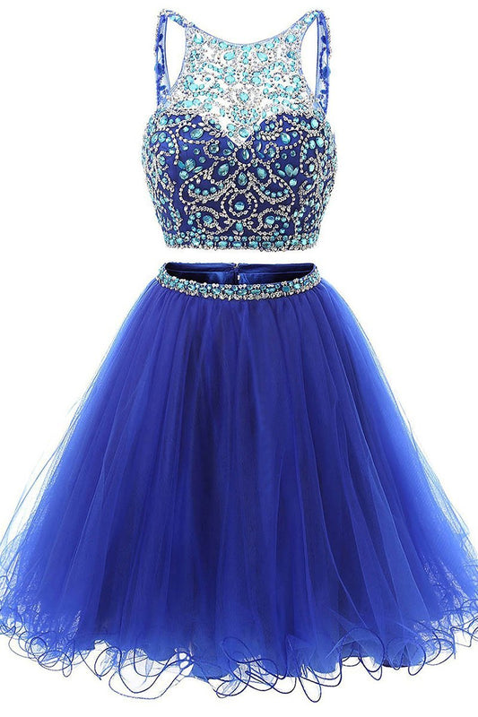 Jewel Neck Illusion Sequins Crystal Shining Two Piece Low Back Royal Blue Tulle Homecoming Dress WK877