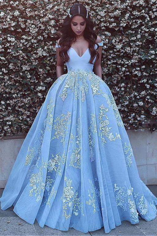 Wonderful Off-the-shoulder Ball Gown Formal Blue Lace Appliques Long Quinceanera Dresses WK119