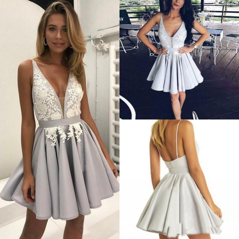 Light Lavender A-Line Deep V Neck Short Sleeveless Appliques Pleats Cheap Homecoming Dress WK210