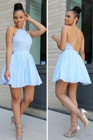 Light Blue Short Chiffon Backless Simple Homecoming Dresses WK526