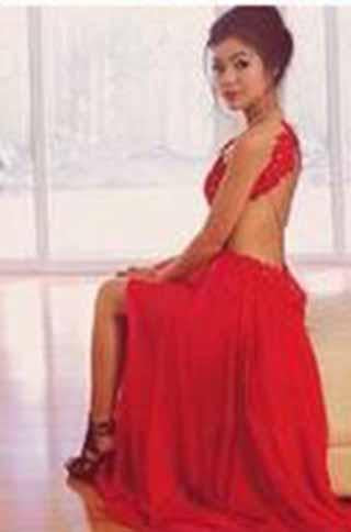 Red Backless Sexy Lace Unique Halter A-Line Slit Criss Cross Sleeveless Prom Dresses WK948