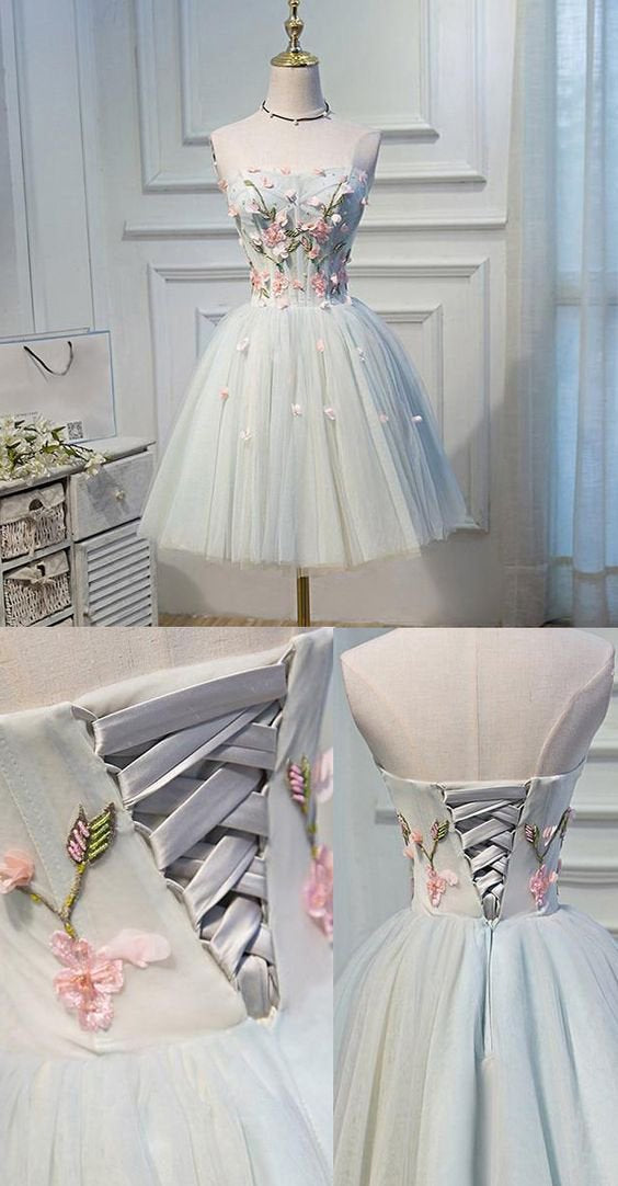 A Line Strapless Light Blue Lace up Homecoming Dress Flower Applique Short Prom Dresses WK730