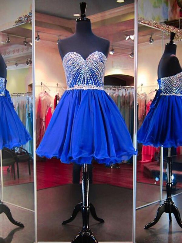 A-Line Royal Blue Shining Sweetheart Beading Short Mini Homecoming Dresses WK342