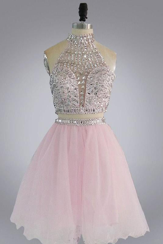 Halter High Neck Beaded Bodice Two Piece Fall Gary Tulle Open Back Homecoming Dress