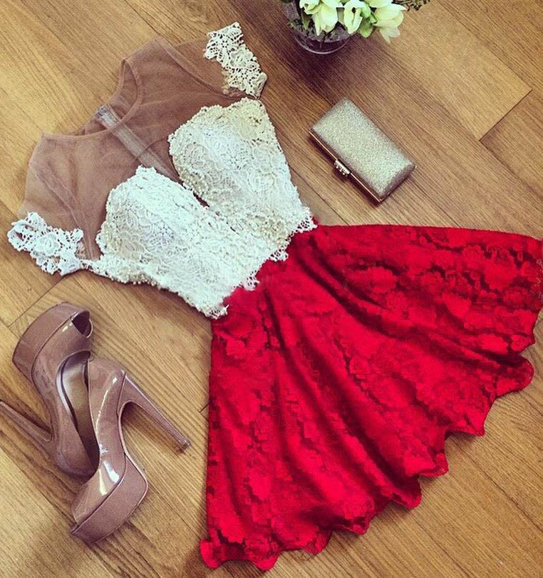 Cute Red Lace Short Sleeve Knee Length Homecoming Dress Cheap Cocktail Dresses WK470