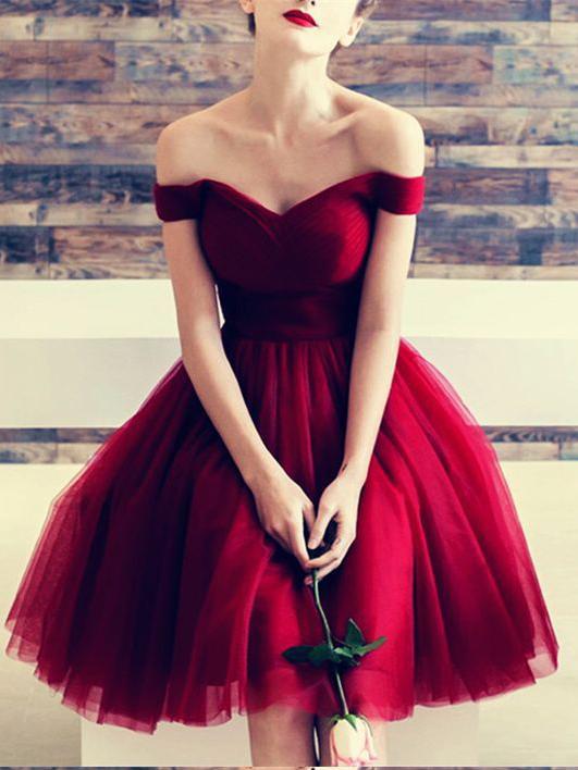 A Line Burgundy Off the Shoulder Tulle Sweetheart Cocktail Dress Homecoming Dresses WK639