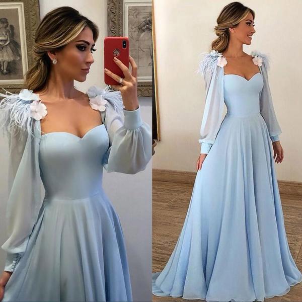 Blue Long Sleeves Sweetheart Prom Dresses A Line Long Evening Dresses WK307