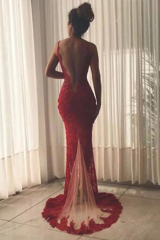 Sexy Burgundy Deep V Neck Mermaid Prom Dresses Lace Long Slit Evening Dresses WK831