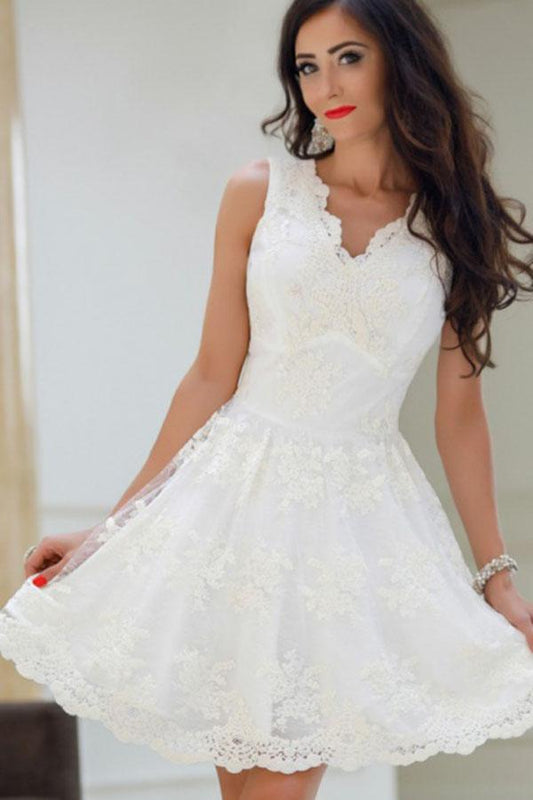 A-Line V-Neck White Tulle Short Prom Dresses Cute Lace Appliques Homecoming Dress WK719