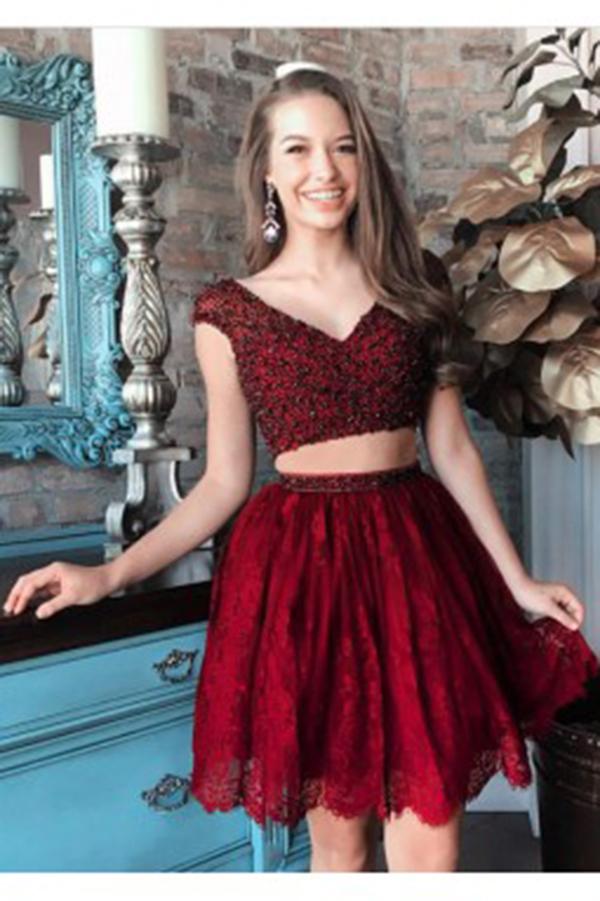 A Line Two Pieces V Neck Beads Burgundy Lace Short Prom Dresses Homecoming Dresses WK703