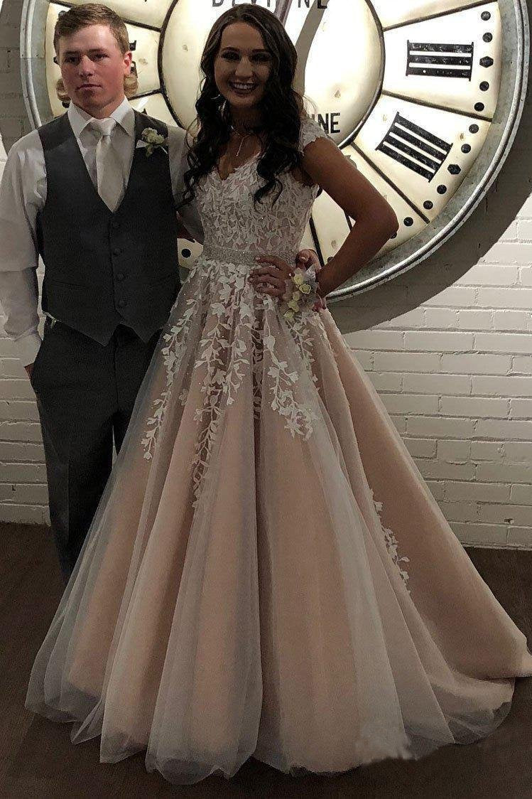 A Line Cheap Nude Quinceanera Dress Lace Appliques Cap Sleeve Beaded Prom Dresses WK238