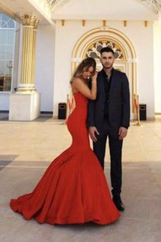 Red Chic Sweetheart Strapless Sleeveless Mermaid Satin Prom Dresses WK761