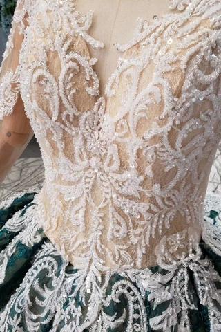 Green Long Sleeves Ball Gown Lace Prom Dress with Appliques Long Quinceanera Dress P1137