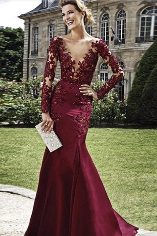 Burgundy Sheath Column V-Neck Floor-Length Elastic Woven Satin Prom Dresses WK415