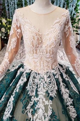 Green Long Sleeves Ball Gown Lace Prom Dress with Appliques Long Quinceanera Dress P1137