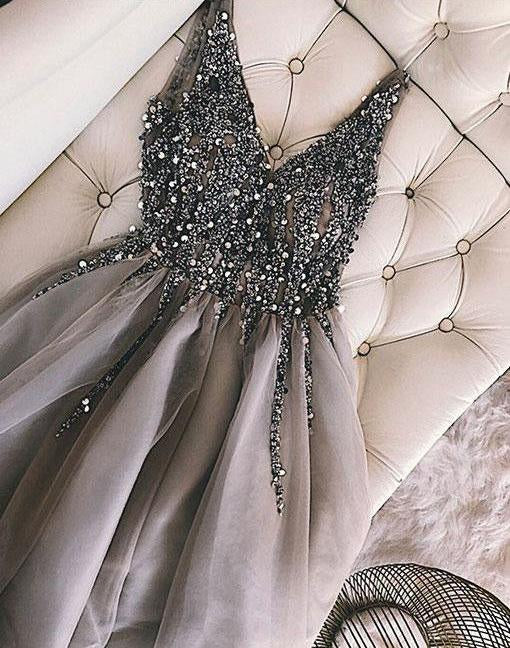 Luxurious Sequins Beaded V Neck Tulle Short V Back Gray Prom Dress Homecoming Dress WK762