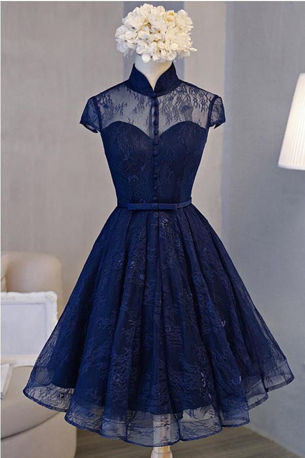 A Line Navy Blue Short High Neck Lace Open Back Cap Sleeve Mini Lace-up Homecoming Dresses WK588