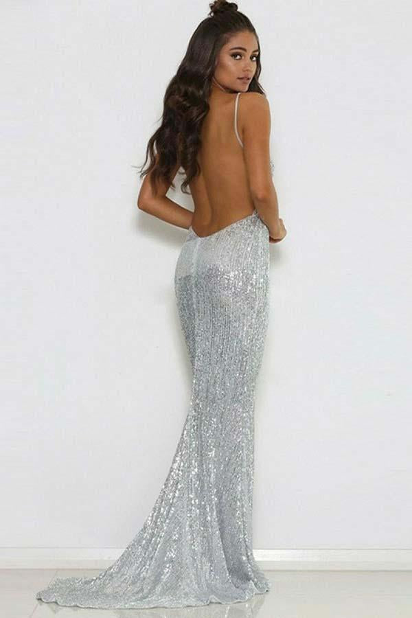 Backless V-neck Sequins Silver Spaghetti Straps Short Train Mermaid Prom Dresses WK503