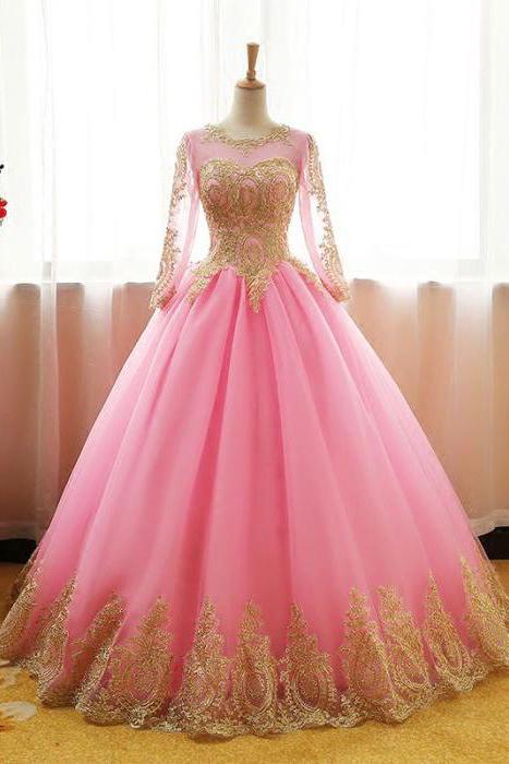 Ball Gown Long Sleeve Gold Rose Red Tulle Round Neck Lace up Prom Quinceanera Dresses WK147