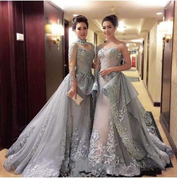 Gorgeous Ball Gown Princess Long Sleeves Tulle Gray Long Prom Dresses WK113