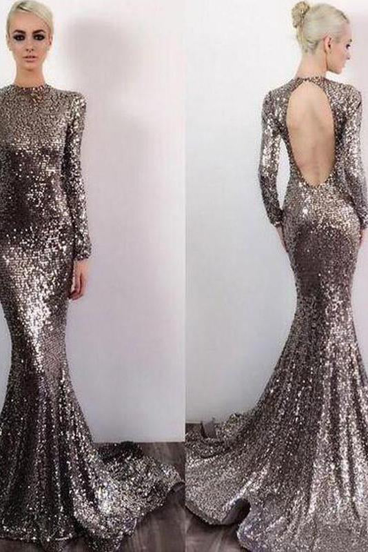 Long Sleeve Sequin Open Back Mermaid Shinny High Neck Floor-Length Prom Dresses WK580