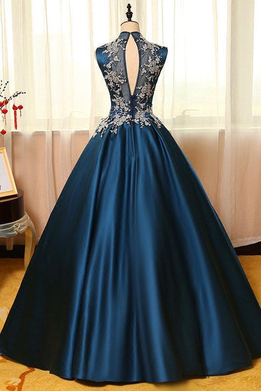 High Neck Sleeveless Appliques Ball Gown Open Back Satin Long Blue Prom Dresses WK234