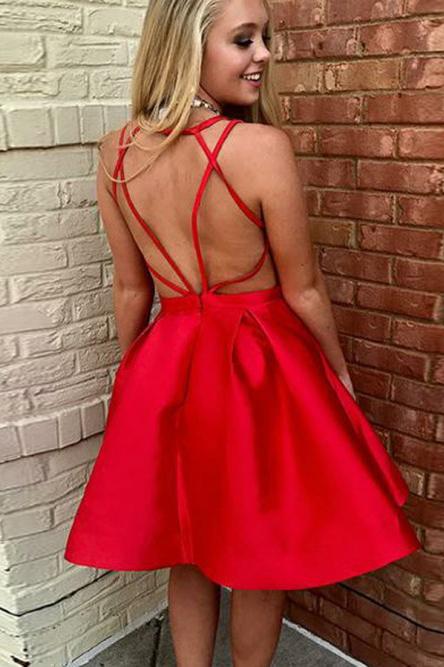 A-Line V-Neck Open Back Short Mini Red Satin Knee Length Homecoming Dresses WK662