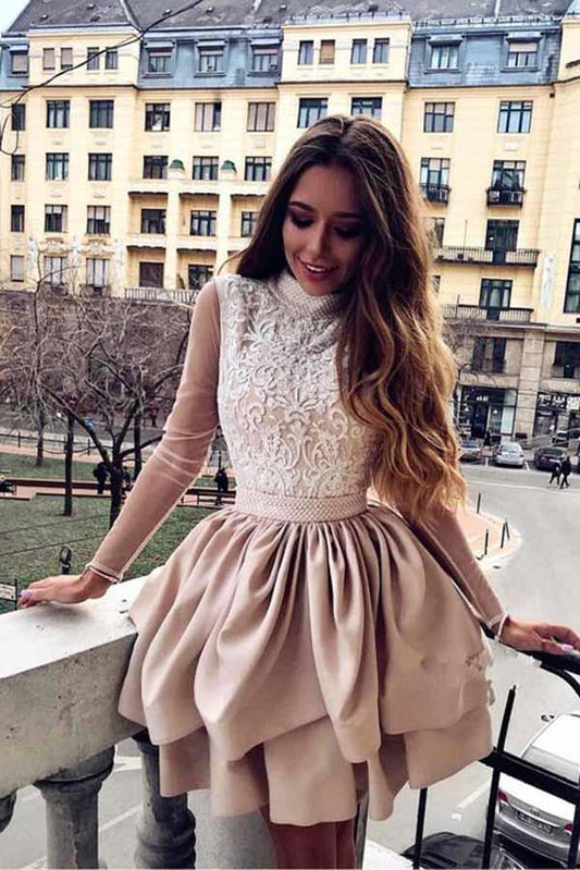 A Line High Neck Long Sleeve Pleats Open Back Satin Short Homecoming Dresses with Lace WK07