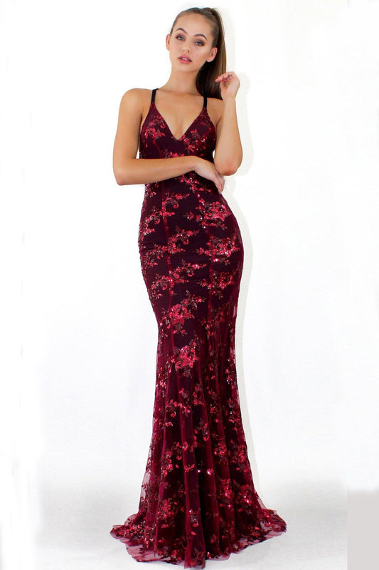 Fashion Spaghetti Straps Burgundy Sequin Mermaid Backless Deep V Neck Prom Dresses WK892