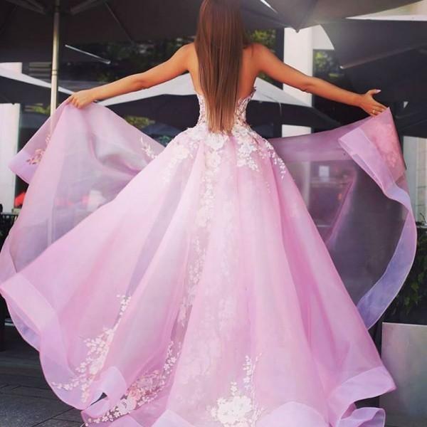 New Style A-Line Sweetheart Straps Pink Tulle Prom Dresses with Lace Appliques WK378